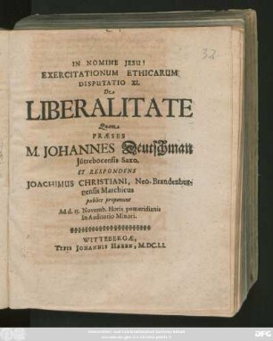 Exercitationum Ethicarum Disputatio XI. De Liberalitate