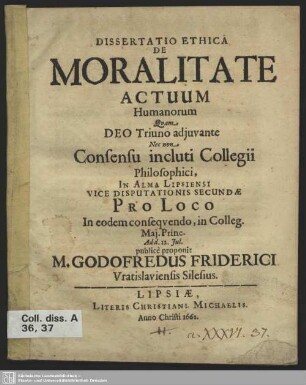 Dissertatio Ethica De Moralitate Actuum Humanorum