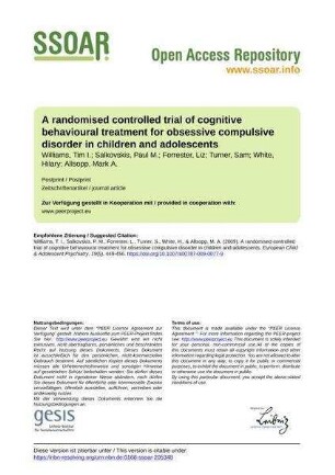 A randomised controlled trial of cognitive behavioural treatment for obsessive compulsive disorder in children and adolescents