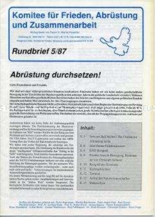 Mitteilungsblatt (Rundbrief) des Koordinierungsausschusses der Friedensbewegung u.a. zur Abrüstung von Atomwaffen und zum Aktionsplan der Friedensbewegung für das Jahr 1987 - Sachkonvolut