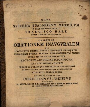 Systema Psalmorum Metricvm A Celeberrimo Anglo Francisco Hare Nvper Adornatvm