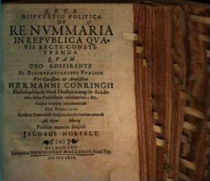 Disputatio Politica De Re Nummaria In Republica Quavis Recte Constituenda
