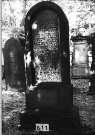 Grabstein 811 (Index: 99630313) Material: Sandstein mit weißer Marmorplatte Zustand: leicht verwittert Maße HxBxT: 163x73x39 cm Beschreibung: Stele auf Sockel mit Rundbogenabschluß, Schriftplatte: Grabstein 811
