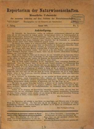 Repertorium der Naturwissenschaften : monatliche Uebersicht der neuesten Arbeiten auf dem Gebiete der Naturwissenschaften. 1. 1875