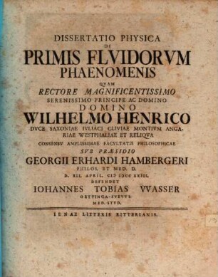 Dissertatio Physica De Primis Flvidorum Phaenomenis