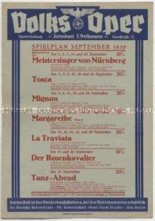 Spielplan der Volks-Oper Berlin-Charlottenburg für September 1939