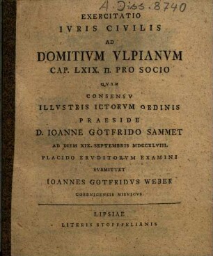 Exercitatio Ivris Civilis Ad Domitivm Vlpianvm, Cap. LXIX. p. Pro Socio