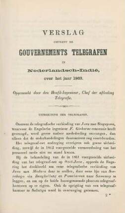 1863: Verslag omtrent de Gouvernements Telegrafen in Nederlandsch Indie