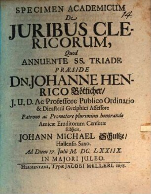 Specimen Academicum De Iuribus Clericorum
