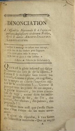 Dénonciation à l'Assemblée nationale & à l'opinion publique, de plusieurs ci-devant nobles, curés & autres aristo-incendi-calomniateurs