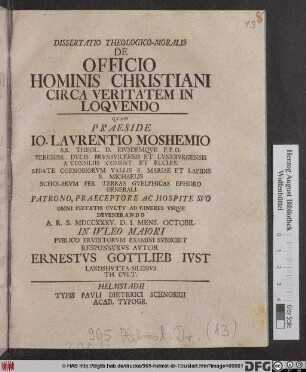 Dissertatio Theologico-Moralis De Officio Hominis Christiani Circa Veritatem In Loqvendo