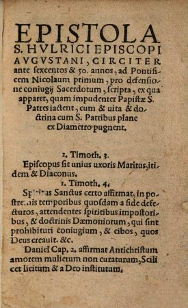 Epistola S. Hulrici Episcopi Augustani ... ad Pontificem Nicolaum I, pro defensione coniugii sacerdotum scripta ...