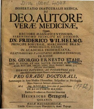 Dissertatio Inauguralis Medica, De Deo, Autore Veræ Medicinæ