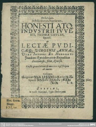 Epithalamia in festivitatem nuptiarum honesti atque industrii juvenis Thomae Gaulen ... et ... Annae ..., Joachimi Kyvitten ... filiae ...