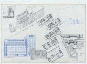 Städtebaulicher Ideenwettbewerb "Fasanenstraße", 2. Stufe, Engerer Bauwettbewerb (nicht realisiert) – Medienhaus: Lageplan, Grundrisse, Schnitt, Axonometrische Projektion, Perspektivansicht. Berlin-Charlottenburg/Wilmersdorf, Grolmanstraße 41-43, Kantstraße 155-157, Fasanenstraße 81, Fasanenstraße 76-77, Uhlandstraße 18-19