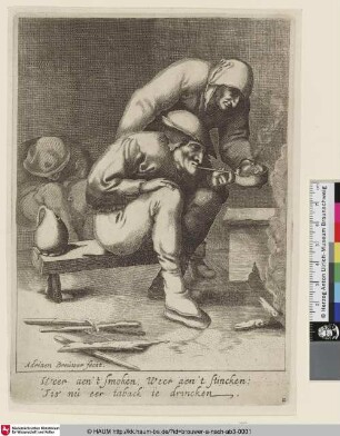 [Ein Pfeife rauchender Bauer vor dem Feuer, hinter ihm eine Bäuerin mit einer Schale, im Hintergrund ein schlafender Bauer; A peasant with pipe before the fire-place, behind him his wife with a pot and a sleeping peasant]