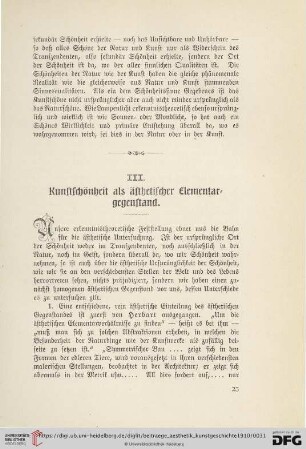 III. Kunstschönheit als ästhetischer Elementargegenstand