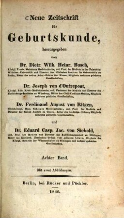 Neue Zeitschrift für Geburtskunde. 8, 8. 1840