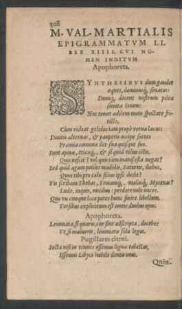 M. Val. Martialis Epigrammatum Liber XIIII. Cui Nomen Inditum Apophoreta.