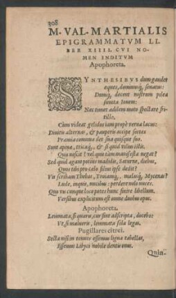 M. Val. Martialis Epigrammatum Liber XIIII. Cui Nomen Inditum Apophoreta.