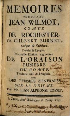 Memoires Touchant Jean Wilmot, Comte De Rochester