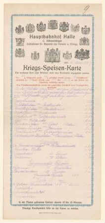 Speisekarte : Kriegs-Speisen-Karte, Hauptbahnhof Halle