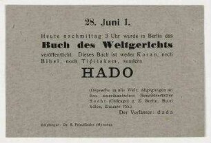 Brief von Johannes Baader an Hannah Höch auf der Rückseite der HADO-Werbekarte. Berlin