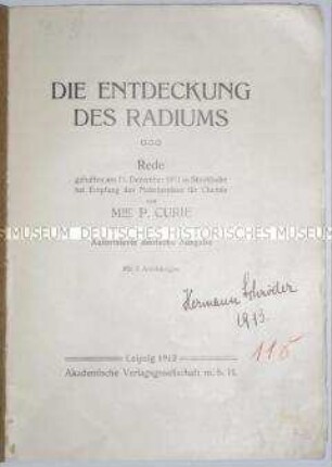 Rede von Marie Curie anlässlich der Verleihung des Nobelpreises für Chemie im Jahre 1911