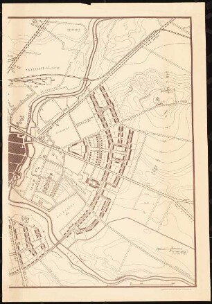 Bebauungsplan der Stadterweiterung, Greifenberg: Grundplan und Lageplan 1:2500, aus zwei Teilen zusammengesetzt, Maßstabsleiste, östlicher Teil, westlicher Teil s. Inv.Nr. 21465