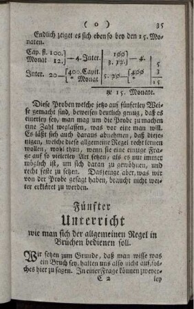 Fünfter Unterricht. Wie man sich der allgemeinen Regel in Brüchen bedienen soll.