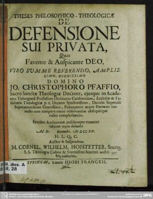 Theses Philosophico-Theologicae De Defensione Sui Privata