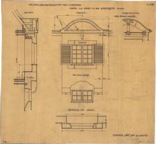 Fischer, Theodor; München - Laim, Gunzenlehstr.; Wohnsiedung Bauhandwerk-Gesellschaft Neu-Westend - Erker Westseite (Grundriss, Ansicht, Schnitt, Dachkonstruktion)