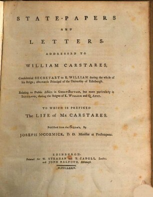 State, papers and Letters, addressed to W. Carstares