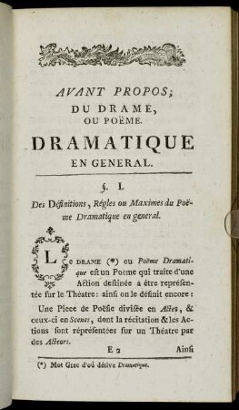 Avant Propos; Du Drame, ou Poëme. Dramatique en General.