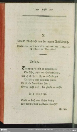 X. Urians Nachricht von der neuen Aufklärung. Verlohren aus dem Schnappsack des hinkenden Bothen von Wandsbeck X. Urians Nachricht von der neuen Aufklärung. Verlohren aus dem Schnappsack des hinkenden Bothen von Wandsbeck.