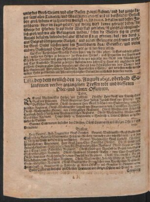 Lista, bey dem neulich den 19. Augusti 1691. oberhalb Salankemen vorbey gegangenen Treffen todt und blessirten Ober- und Unter-Officirern.