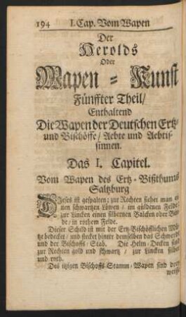 Der Herolds Oder Wapen-Kunst Fünffter Theil/ Enthaltend Die Wapen der Deutschen Ertz- und Bischöffe/ Aebte und Aebtissinnen