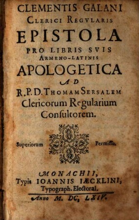 Epistola pro libris suis armeno-latinis apologetica