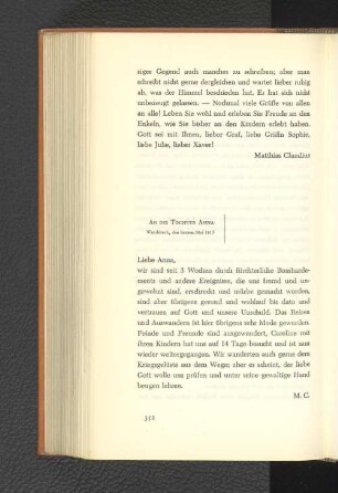 An die Tochter Anna Wandsbeck, den letzten Mai 1813