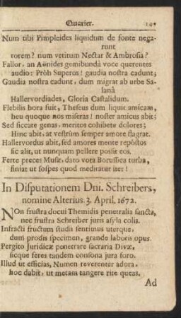 In Disputationem Dni. Schreibers, nomine Alterius. 3. April. 1672.