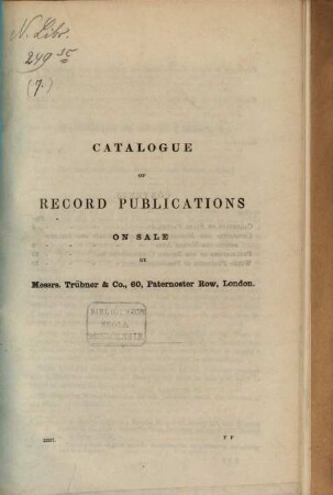 Catalogue of Record Publications on sale by Messrs : Trübner & Co., 60, Paternoster Row, London. 7