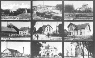 Rietschen. Ortsansichten, u.a. Sägewerk, Ansichtskarte um 1910, Repro