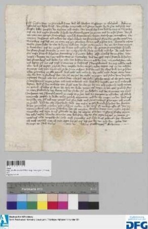 Erasmus Awer zu Prennberck, Ritter, und Eberhard Nussperger zu Chalmberk vermitteln auf Bitten der Familien Frawnberger, Awer, Sattelpager, Stawffer, Layminger, Nussperger u.a. zwischen der Stadt Nürnberg, deren Vertreter Peter Haller sen. und Peter Volkmeir waren, und Hilpolt dem Frawnberger zu Brunn auf einem Tage zu Perching einen Waffenstillstand und verabreden einen Schiedstag zu Kelheim. - Siegler: Erasmus Awer und Ulreich Muraher zum Holnstein.