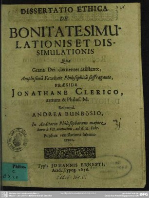 Dissertatio ethica de bonitate simulationis et dissimulationis