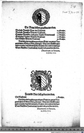 Die Wein sollen gegeben werden : Decretum in Senatu, 19. Junij 1622