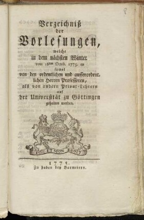 WS 1775: Verzeichnis der Vorlesungen // Georg-August-Universität Göttingen