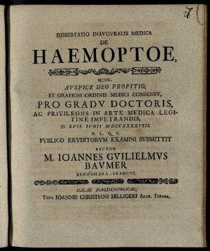 Dissertatio Inavgvralis Medica De Haemoptoe