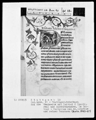Gebetbuch des Konrad Peutinger — Initiale O (martires), darin das Martyrium des heiligen Achatius, Folio 88verso