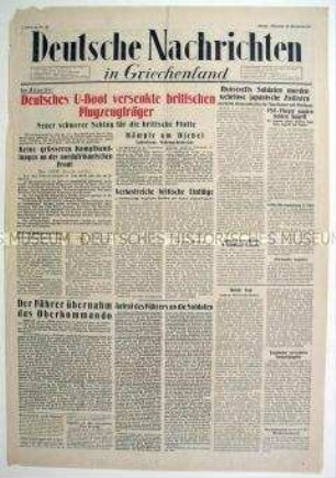Titelblatt der Kriegszeitung "Deutsche Nachrichten in Griechenland" u.a. zur Übernahme des Oberkommandos des Heeres durch Hitler