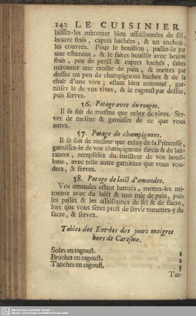Tables des Entrées des jours maigres hors de Caresme
